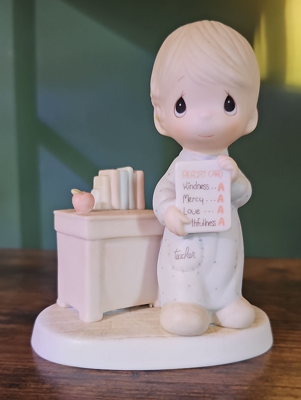 Precious Moments White and Pink Teacher Figurine Holding Report Card 12300